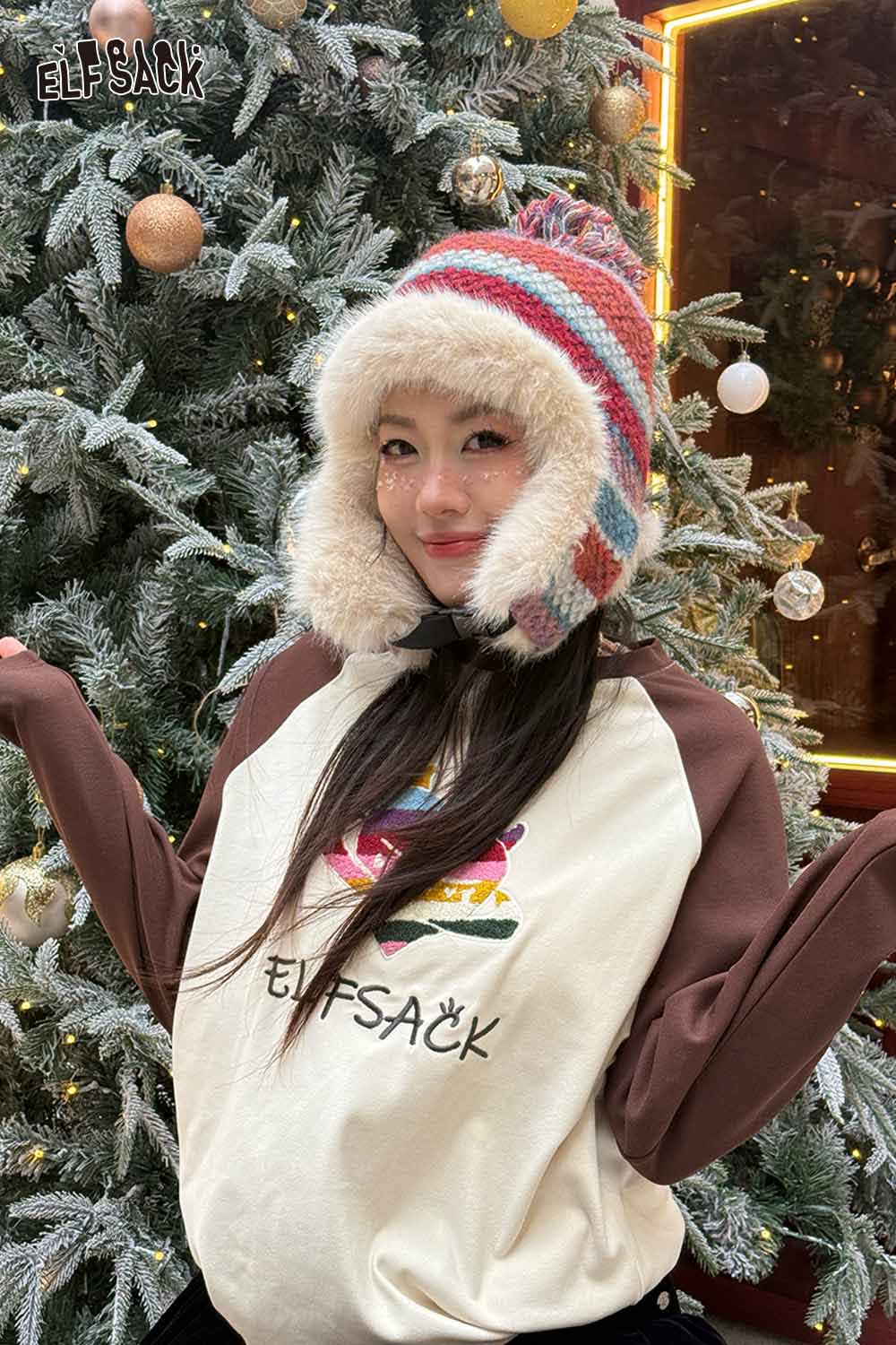 ELFSACK striped color block ear flap beanie with fluffy lining for winter warmth and style