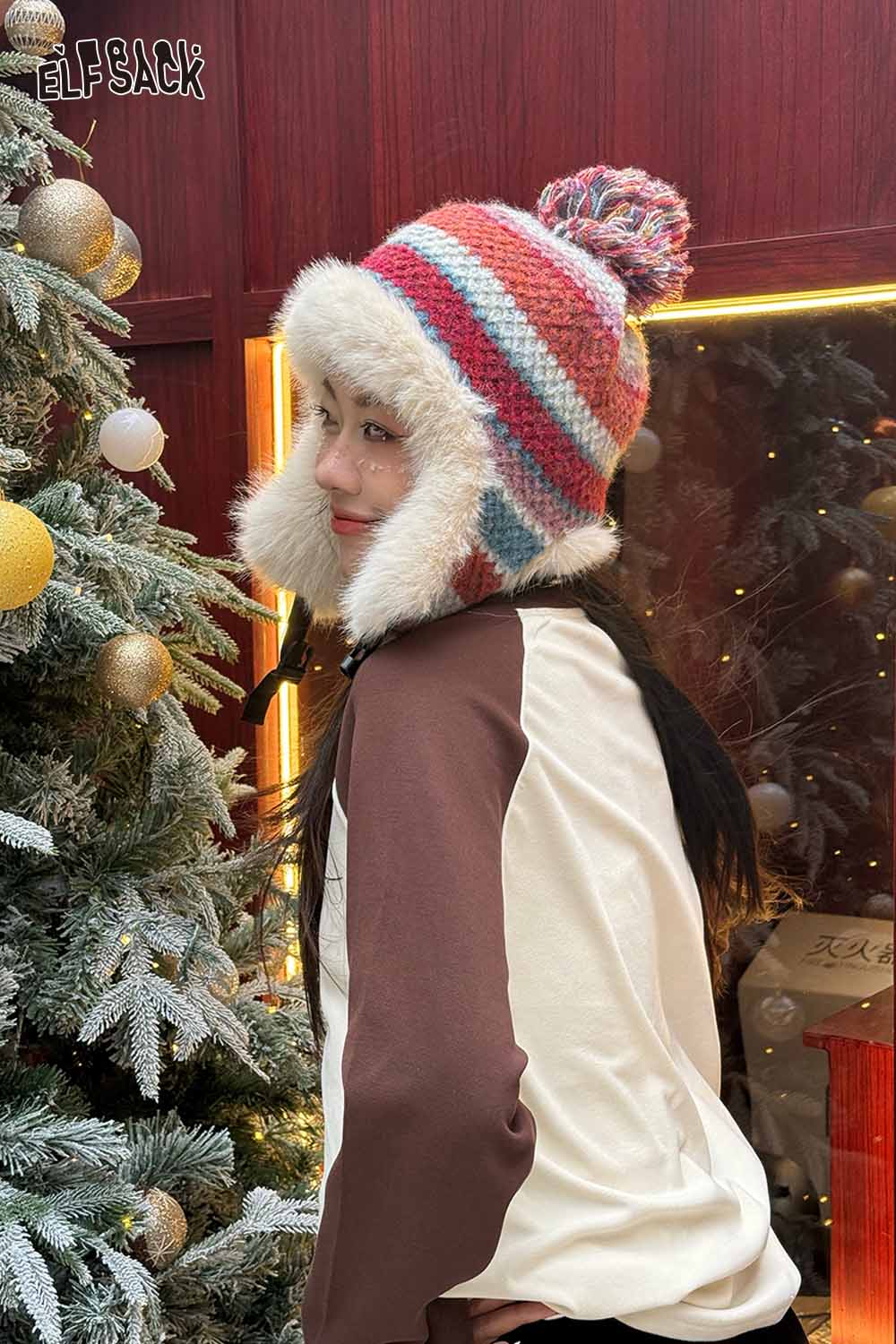 ELFSACK striped color block ear flap beanie in vibrant colors with fluffy ear covers and a pom pom top