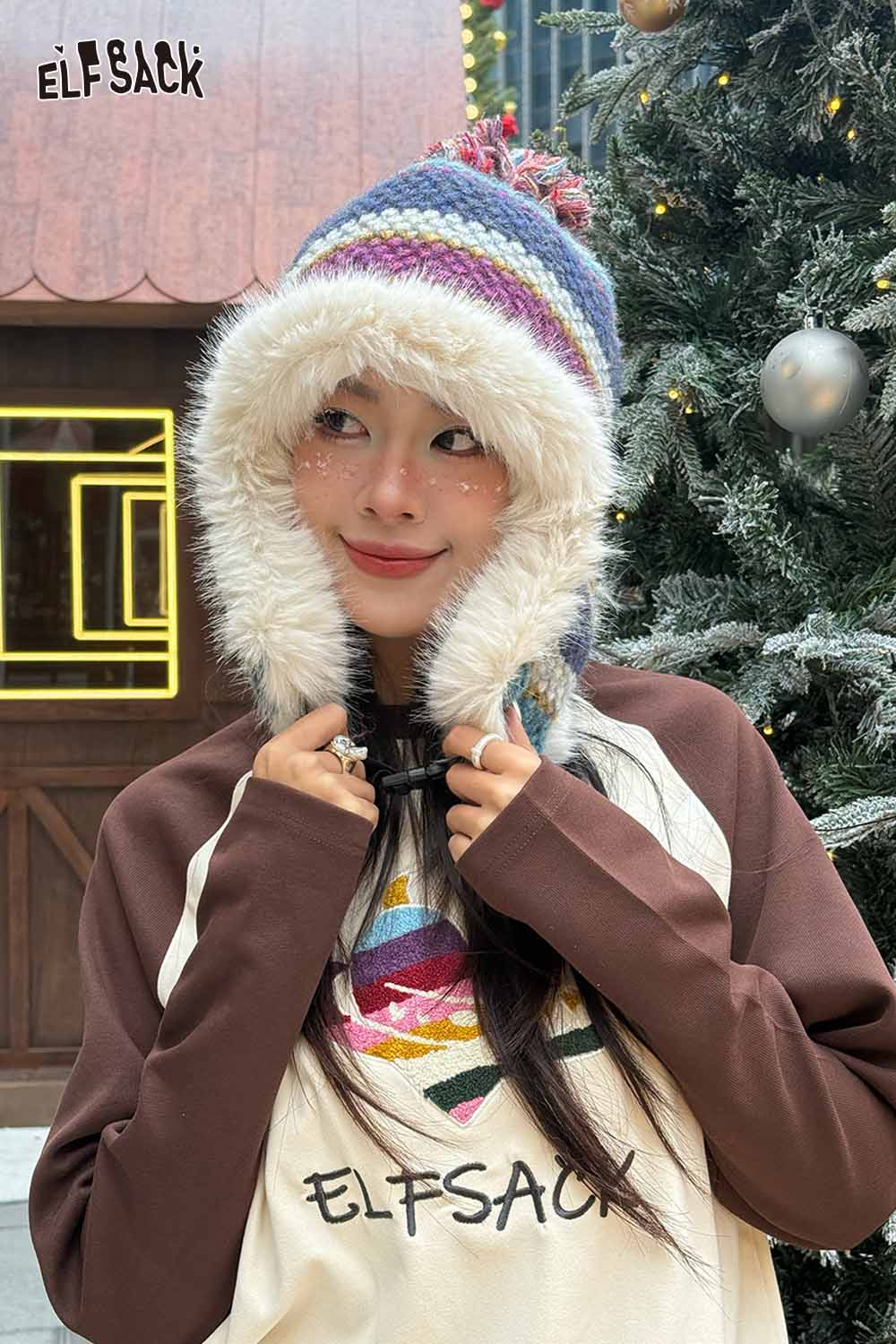 ELFSACK striped color block ear flap beanie with faux fur lining for warmth and style