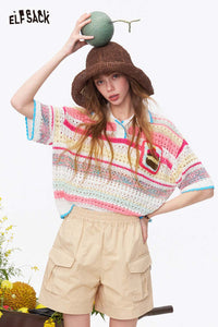 Striped Crochet Knit Polo Tee