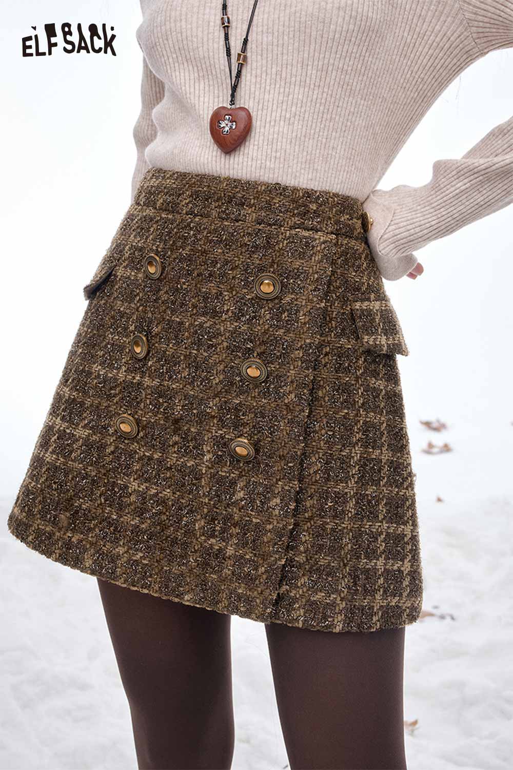 ELFSACK striped gold button A-line skirt in brown tweed with pockets and a stylish checkered pattern
