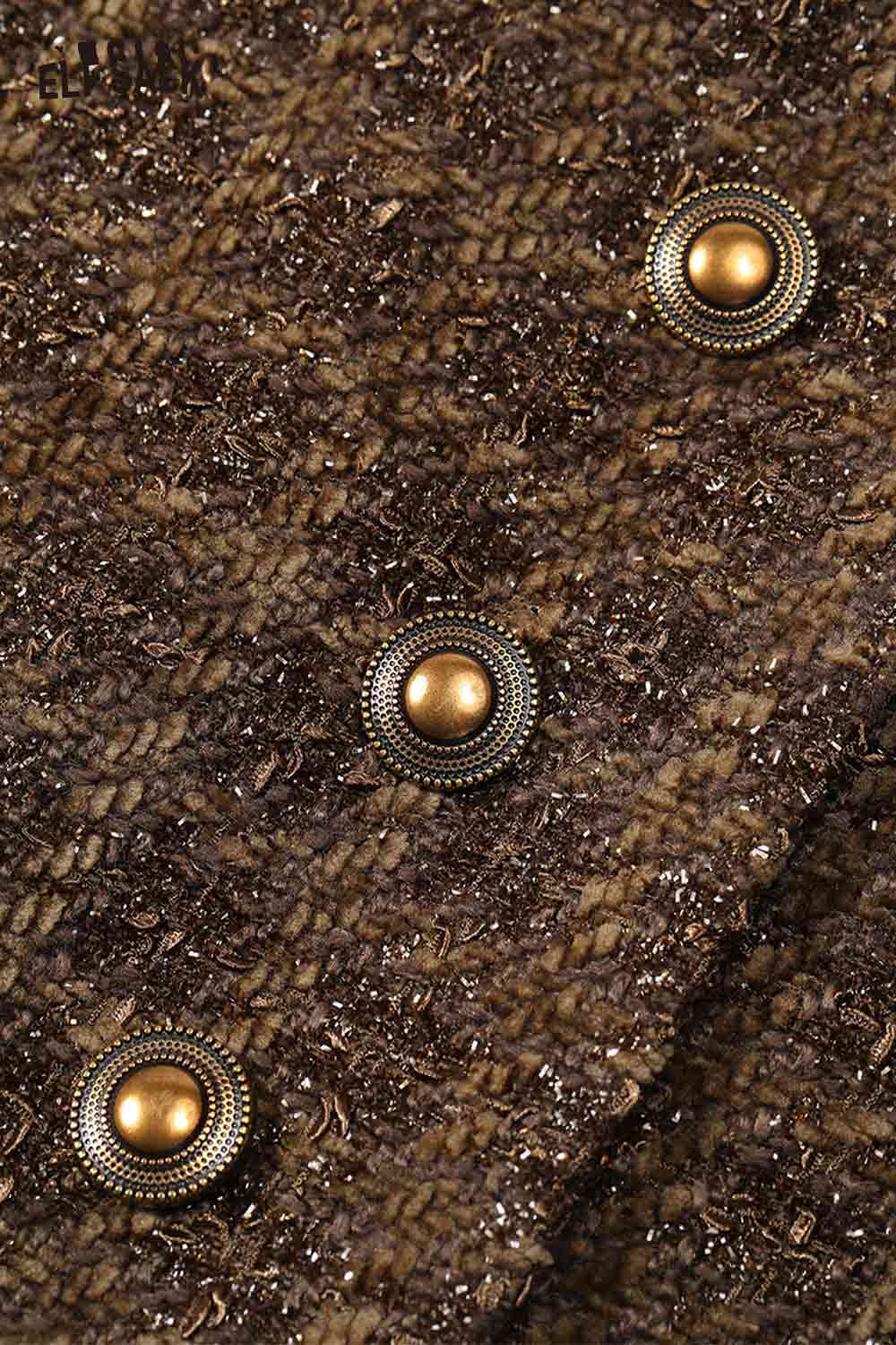 Close-up of ELFSACK striped gold button A-line skirt showcasing textured fabric and decorative buttons