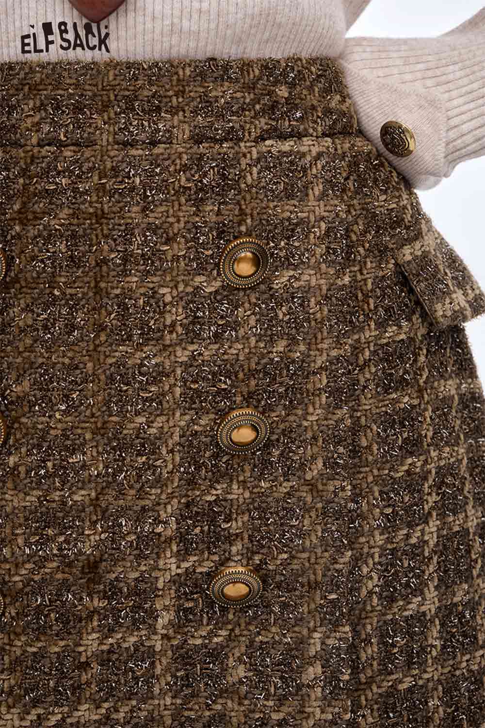 ELFSACK striped gold button A-line skirt with textured fabric and stylish details