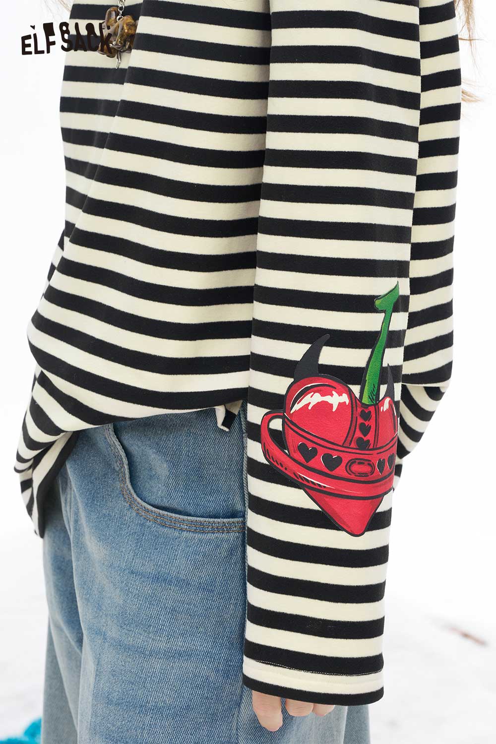 ELFSACK striped high neck graphic t-shirt for women with playful cherry design on sleeve