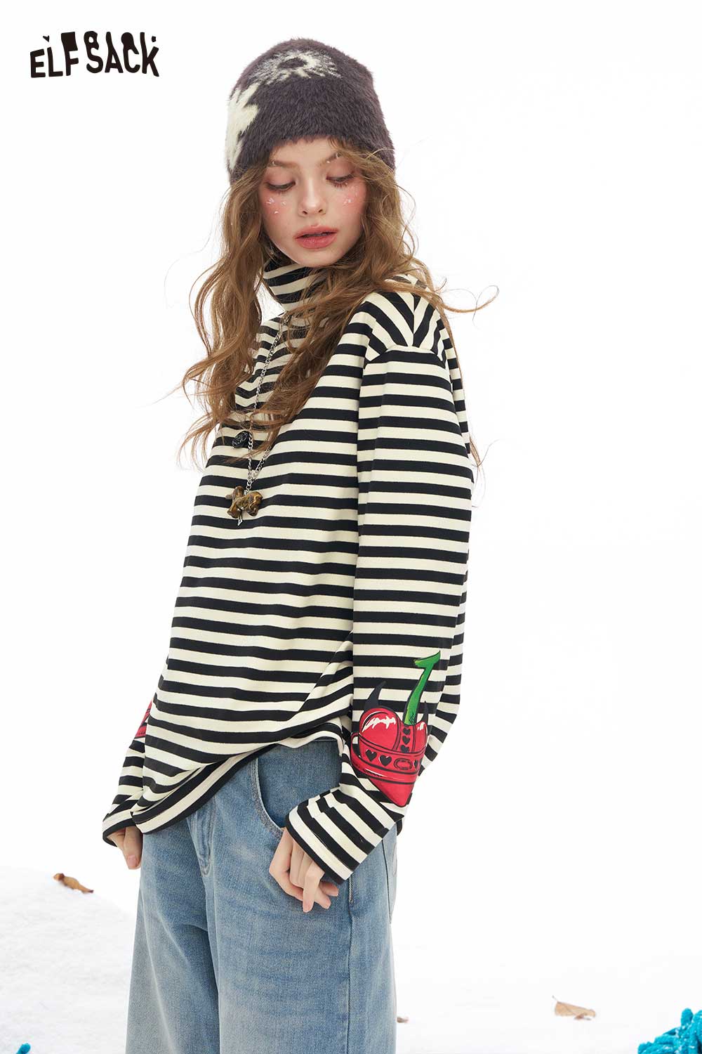 ELFSACK striped high neck graphic t-shirt for women with unique cherry design and relaxed fit