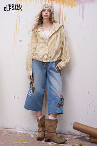 Striped Hooded Blouse with 3D Flowers