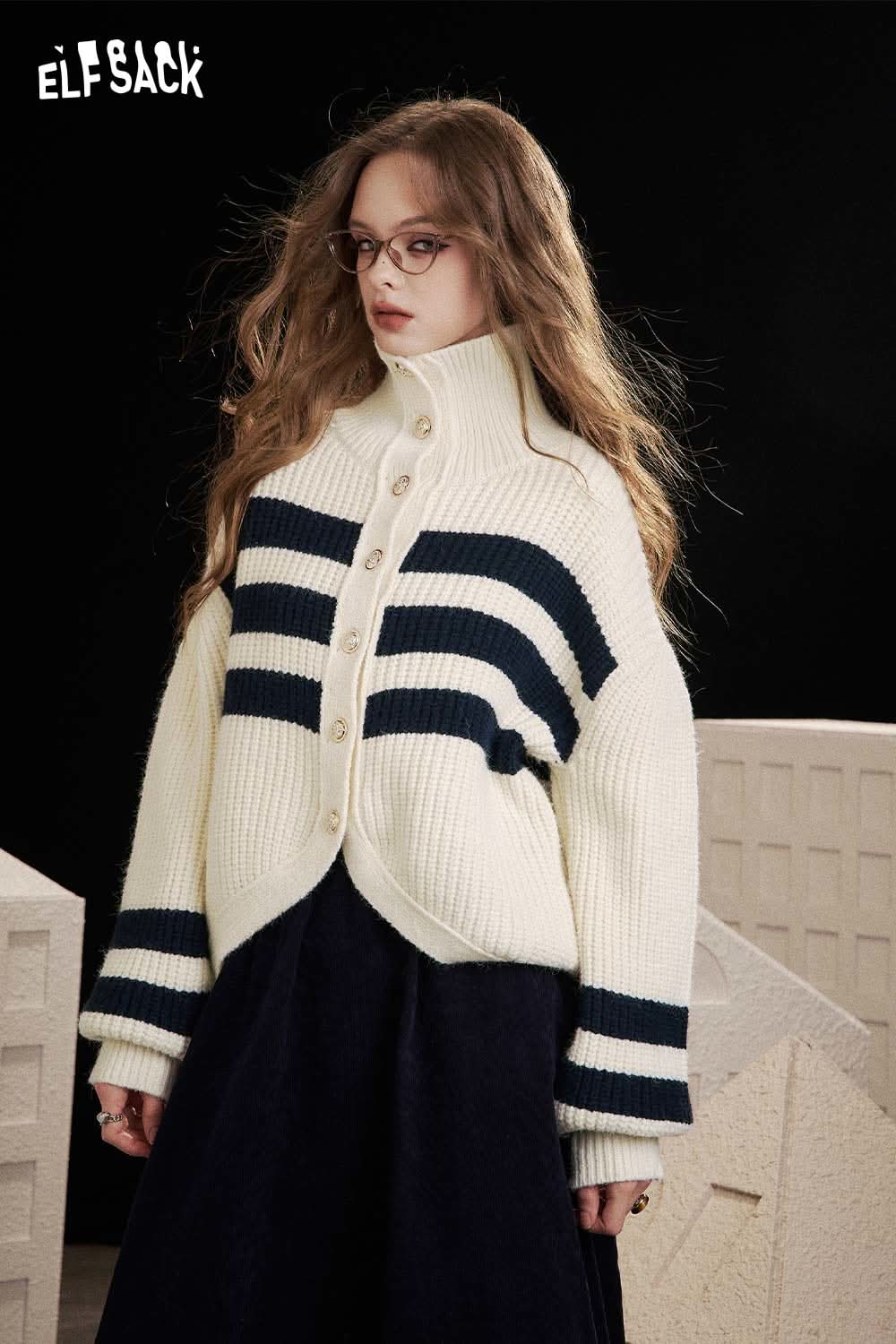 ELFSACK Striped Knit Stand Collar Cardigan in Cream with Navy Stripes and Button Front Closure