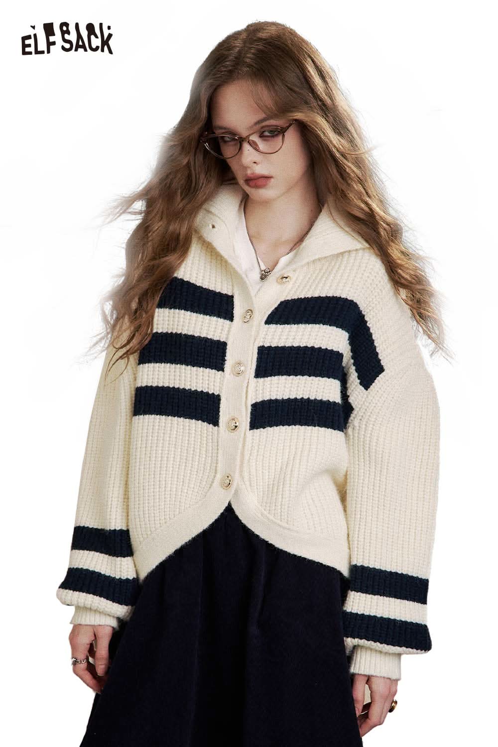 ELFSACK striped knit stand collar cardigan in cream with navy stripes and button front design