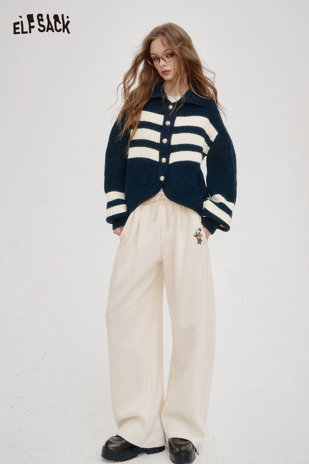 ELFSACK striped knit stand collar cardigan in navy and cream with buttons and oversized fit
