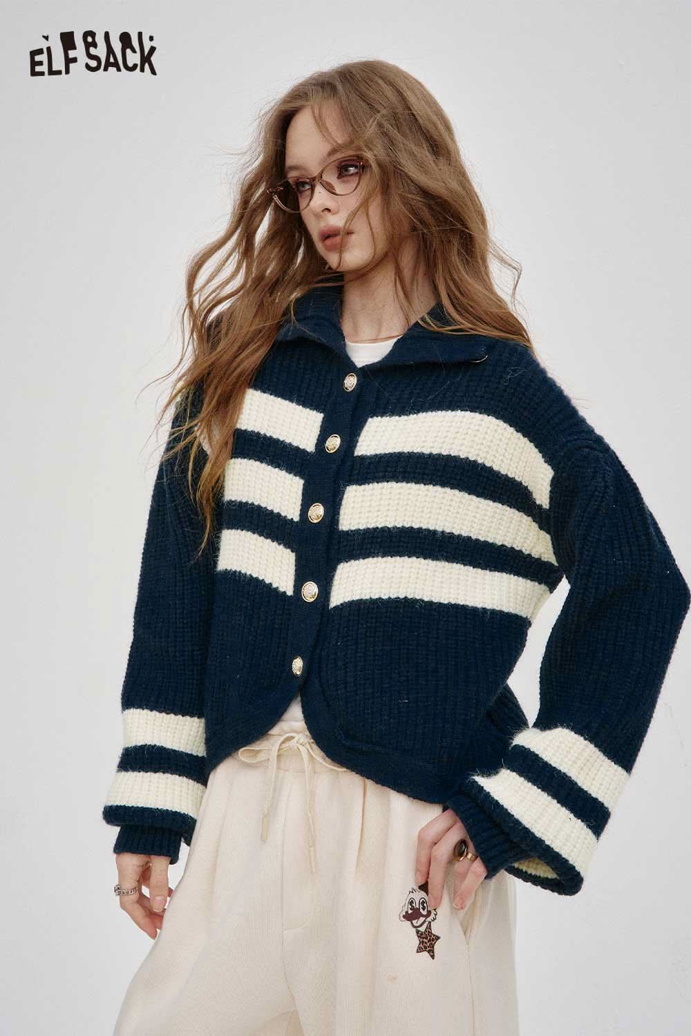 ELFSACK navy striped knit stand collar cardigan with button closure and oversized fit