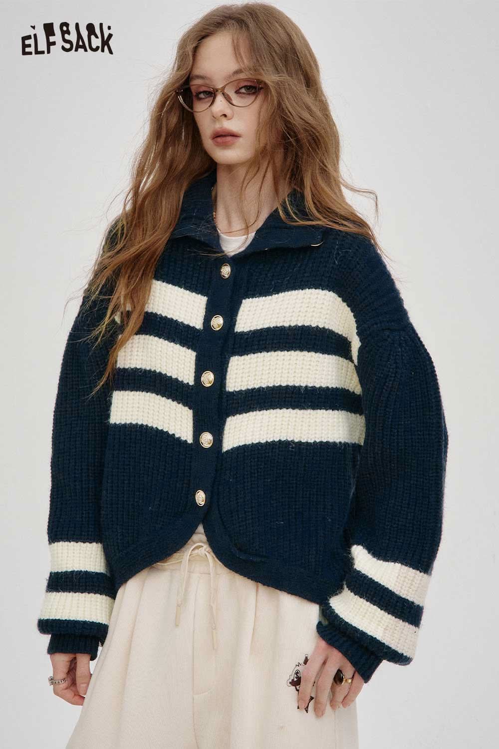 ELFSACK striped knit stand collar cardigan in navy with buttons and oversized fit for casual comfort