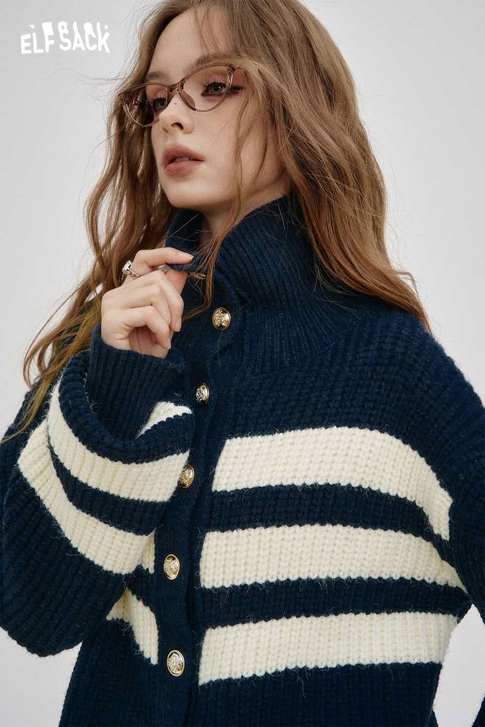 ELFSACK striped knit stand collar cardigan in navy and cream with button detail and a stylish design