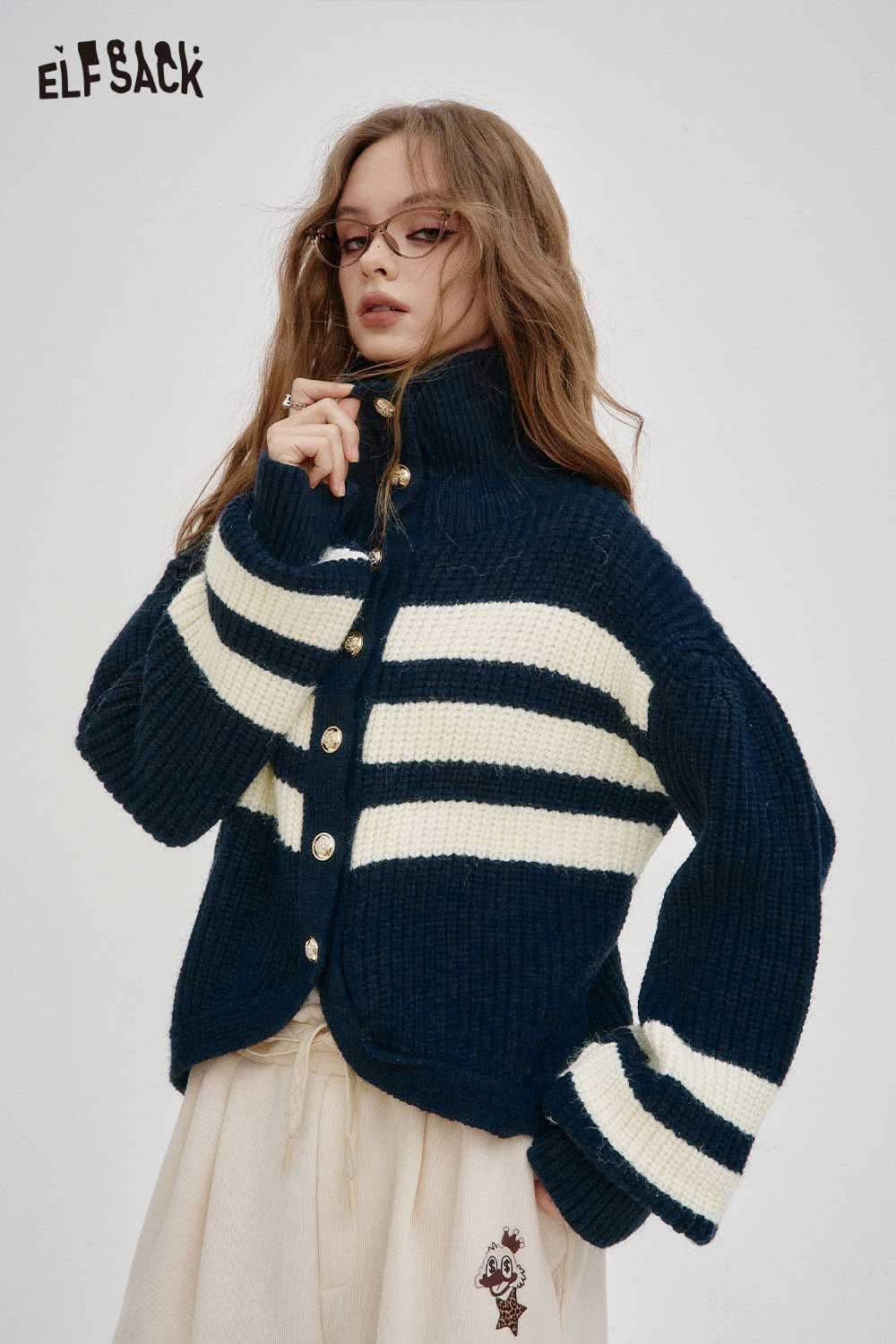 ELFSACK striped knit stand collar cardigan with button front and cozy fit for stylish layering