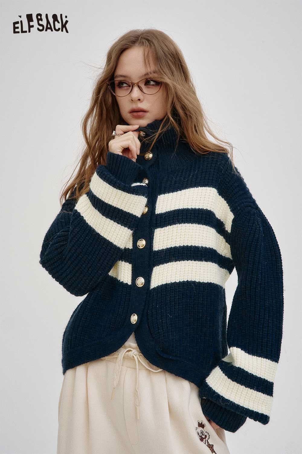 ELFSACK striped knit stand collar cardigan in navy with white stripes and stylish buttons