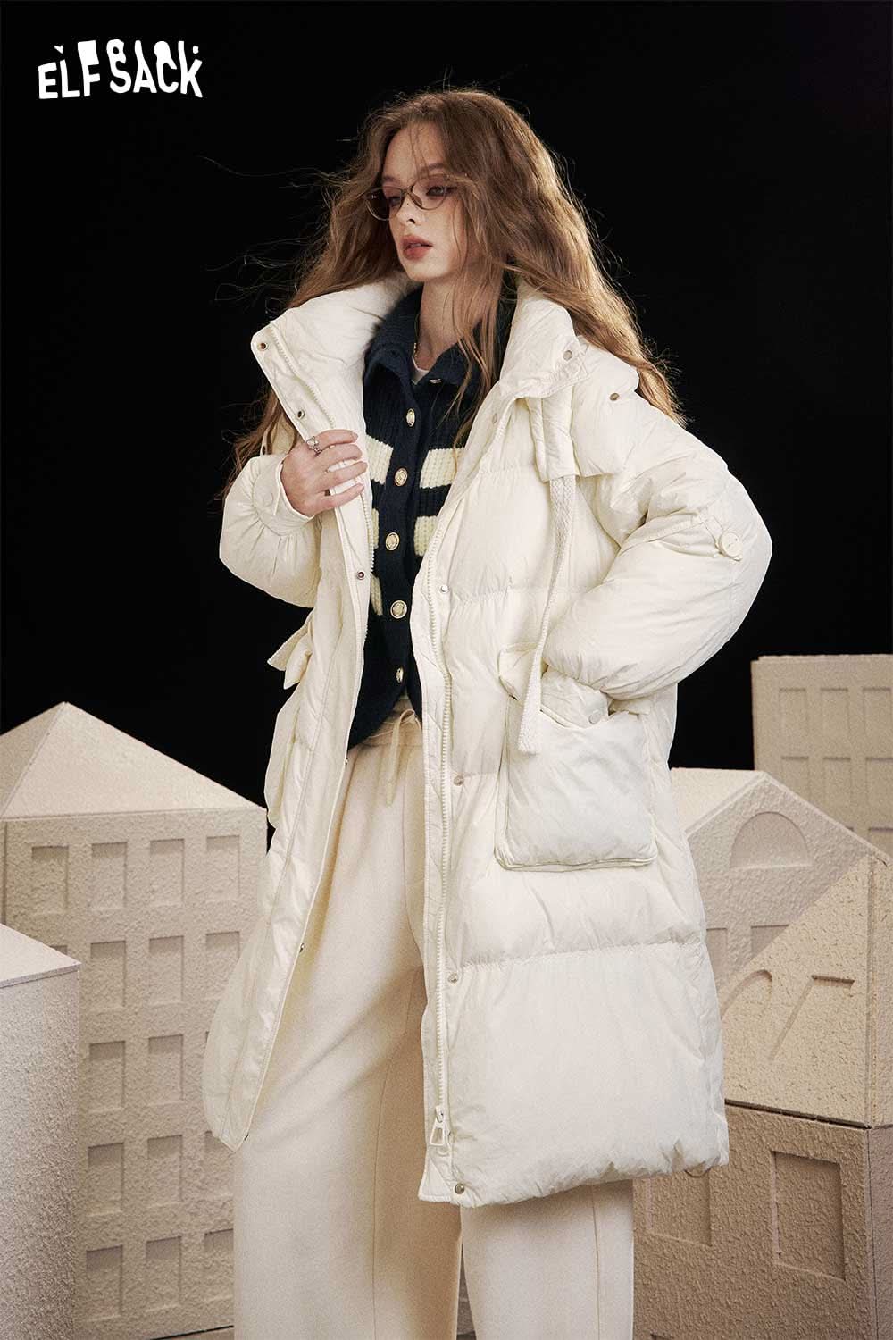 ELFSACK striped knit stand collar cardigan worn over a white puffer coat for a stylish layered look