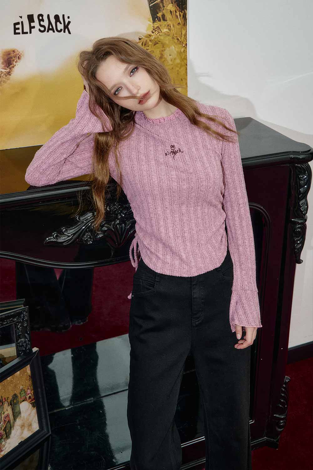 ELFSACK striped knit top for women in pink with ribbed texture and stylish detailing