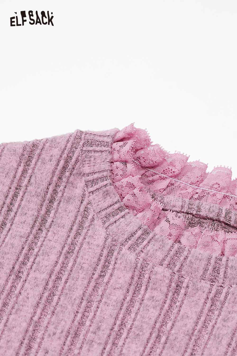 ELFSACK striped knit top for women in pink with a ruffled lace neckline detail.