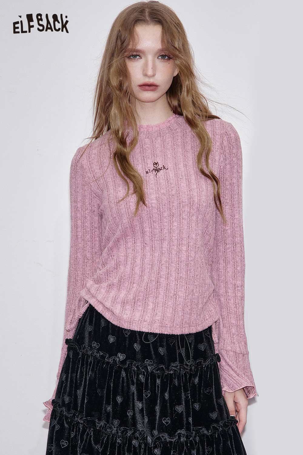 ELFSACK Striped Knit Top for Women in Pink with Ribbed Texture and Long Sleeves
