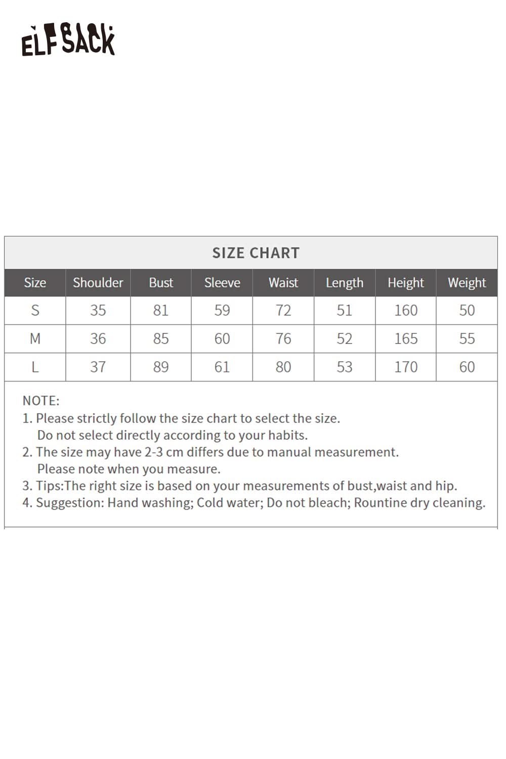 ELFSACK striped knit top for women with a comfortable fit and stylish design, shown in size chart