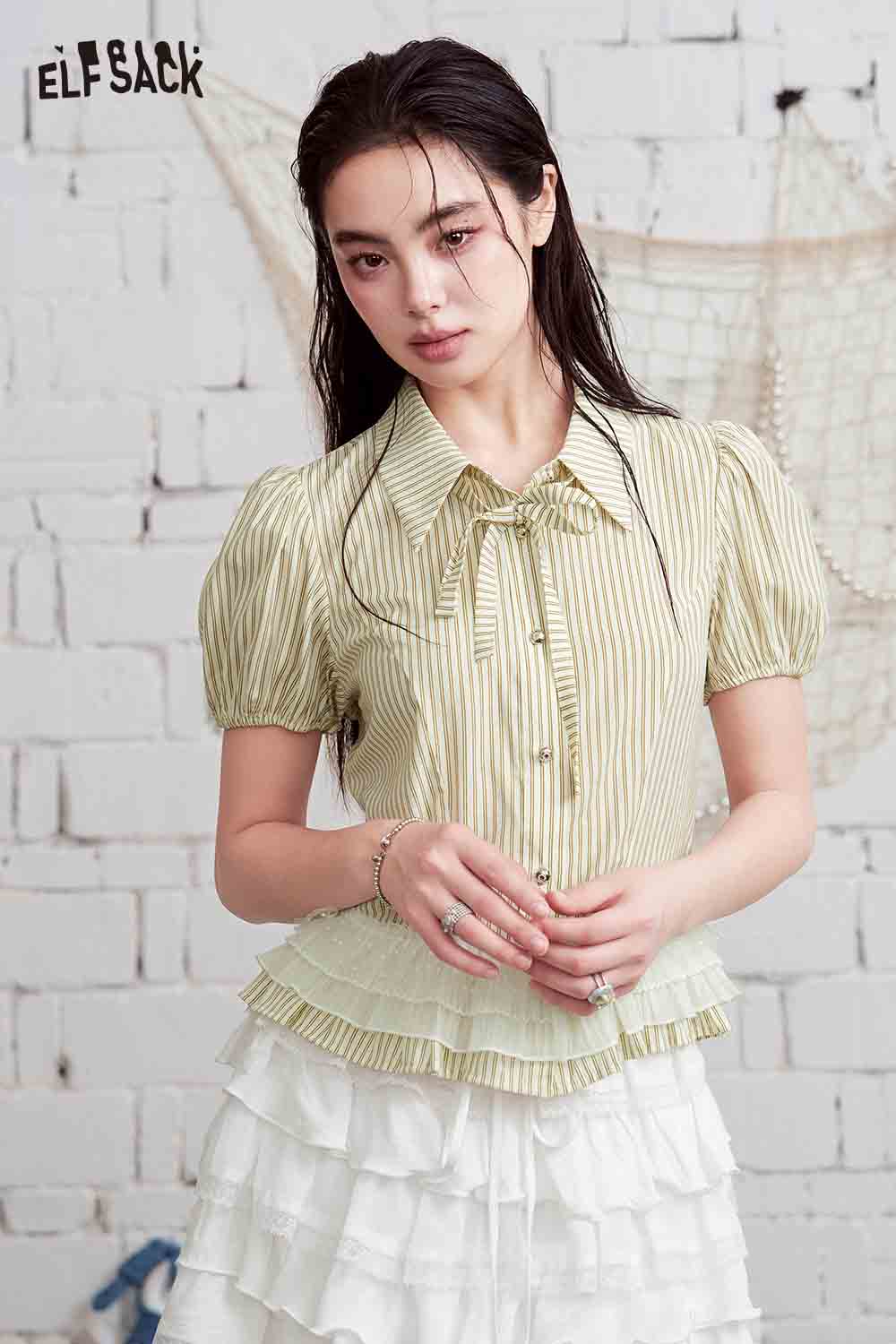 ELFSACK Striped Mesh Ruffle Hem Puff Sleeve Shirt