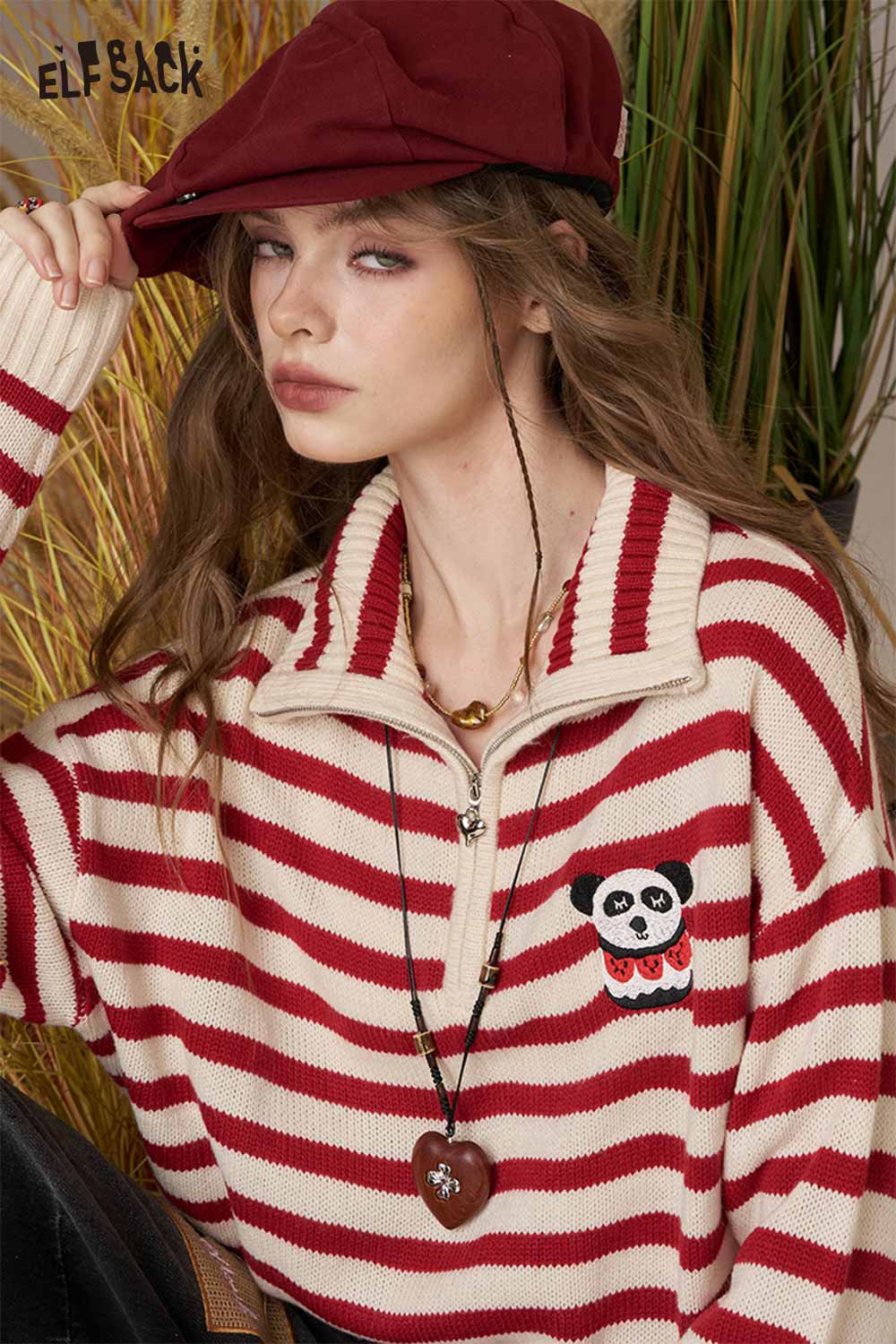 ELFSACK striped panda graphic sweater women with quarter zip and cute panda embroidery