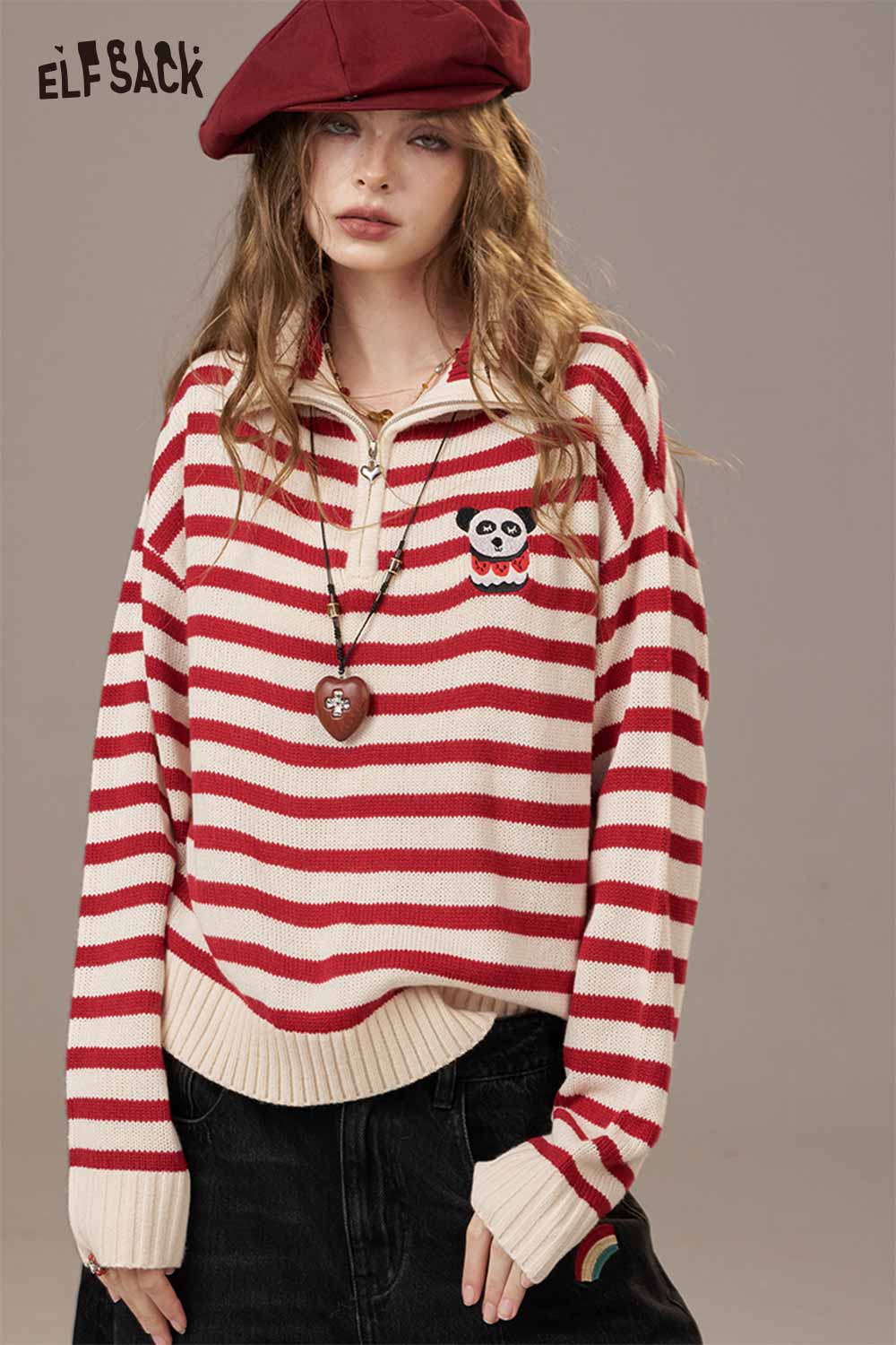 ELFSACK striped panda graphic sweater women with red and white stripes and cute panda design