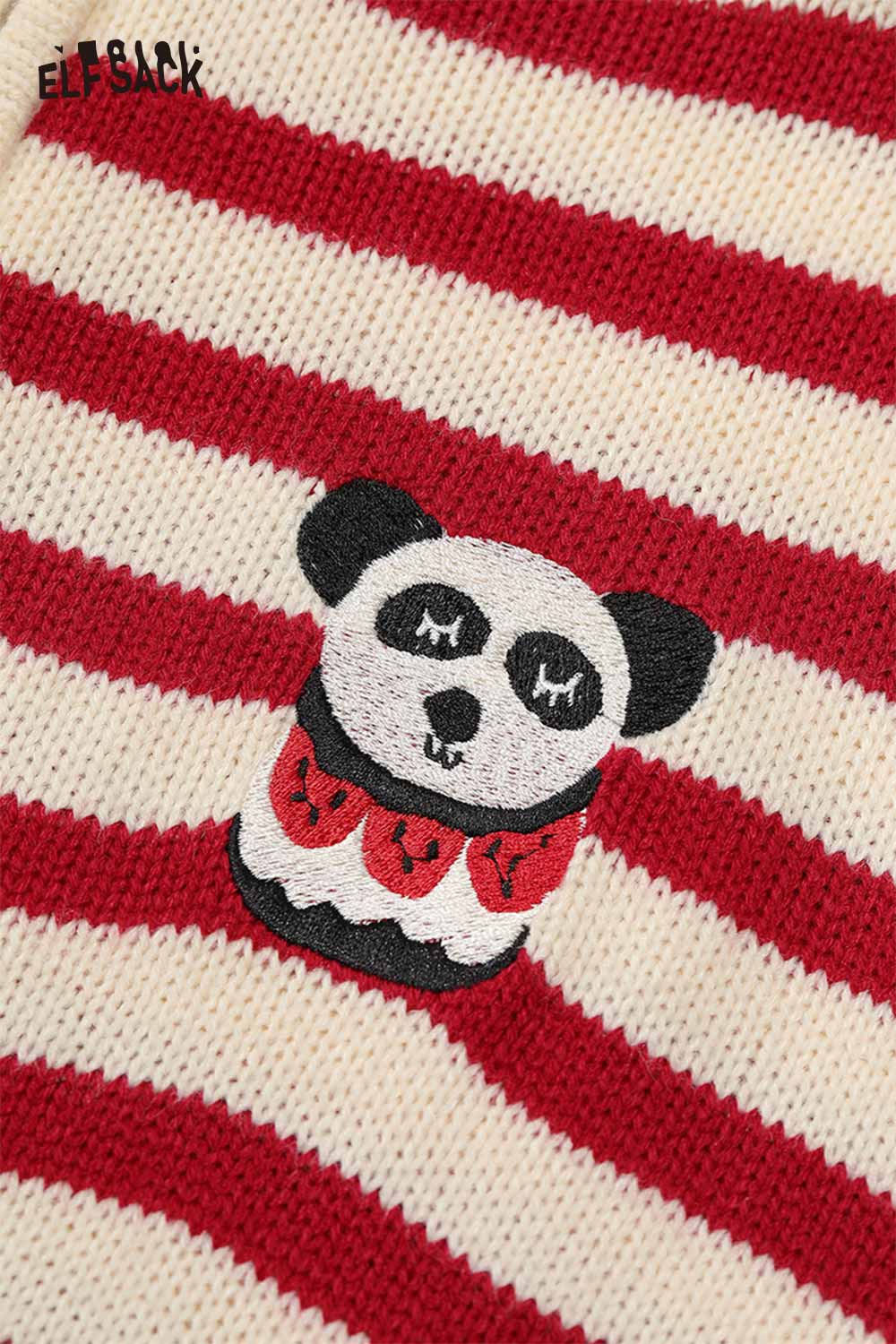 Striped panda graphic sweater women featuring a cute panda design on red and white stripes