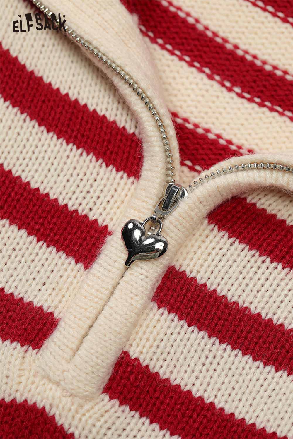 Striped panda graphic sweater women by ELFSACK featuring a stylish zipper and heart pull detail