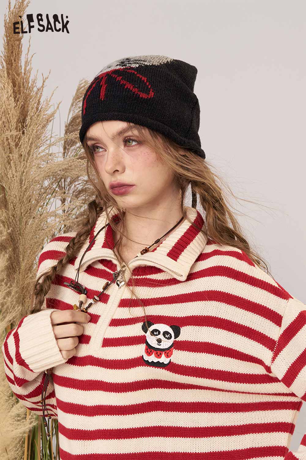 ELFSACK striped panda graphic sweater women with a cozy collar and cute panda design