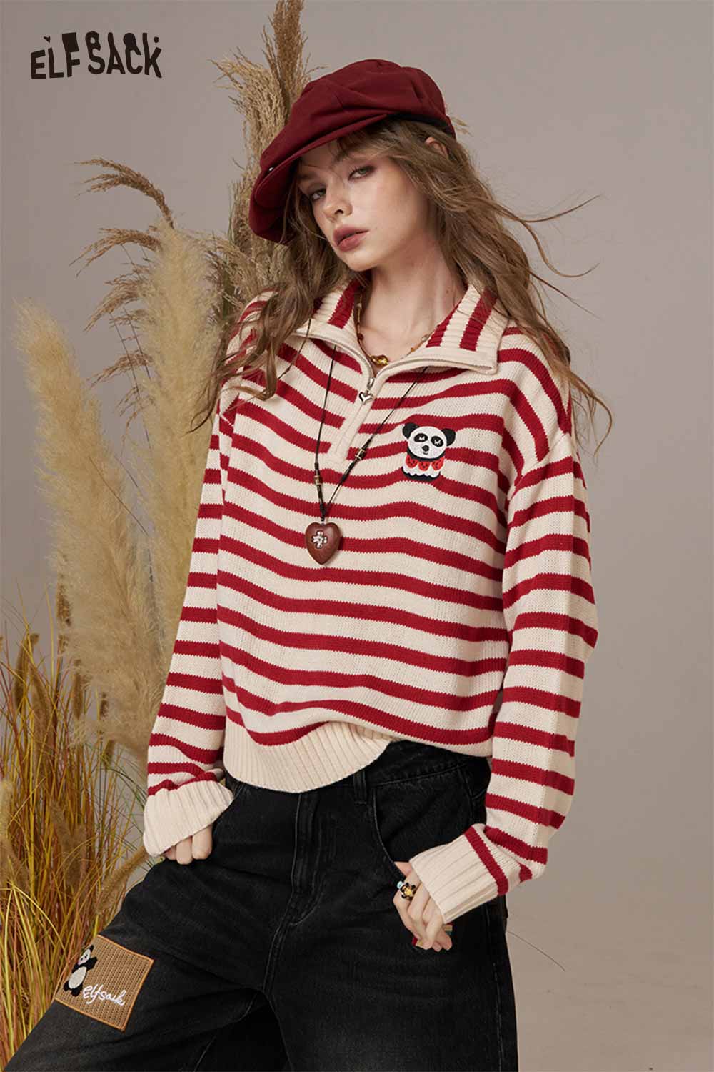 Striped panda graphic sweater women from ELFSACK with a cozy design and cropped fit
