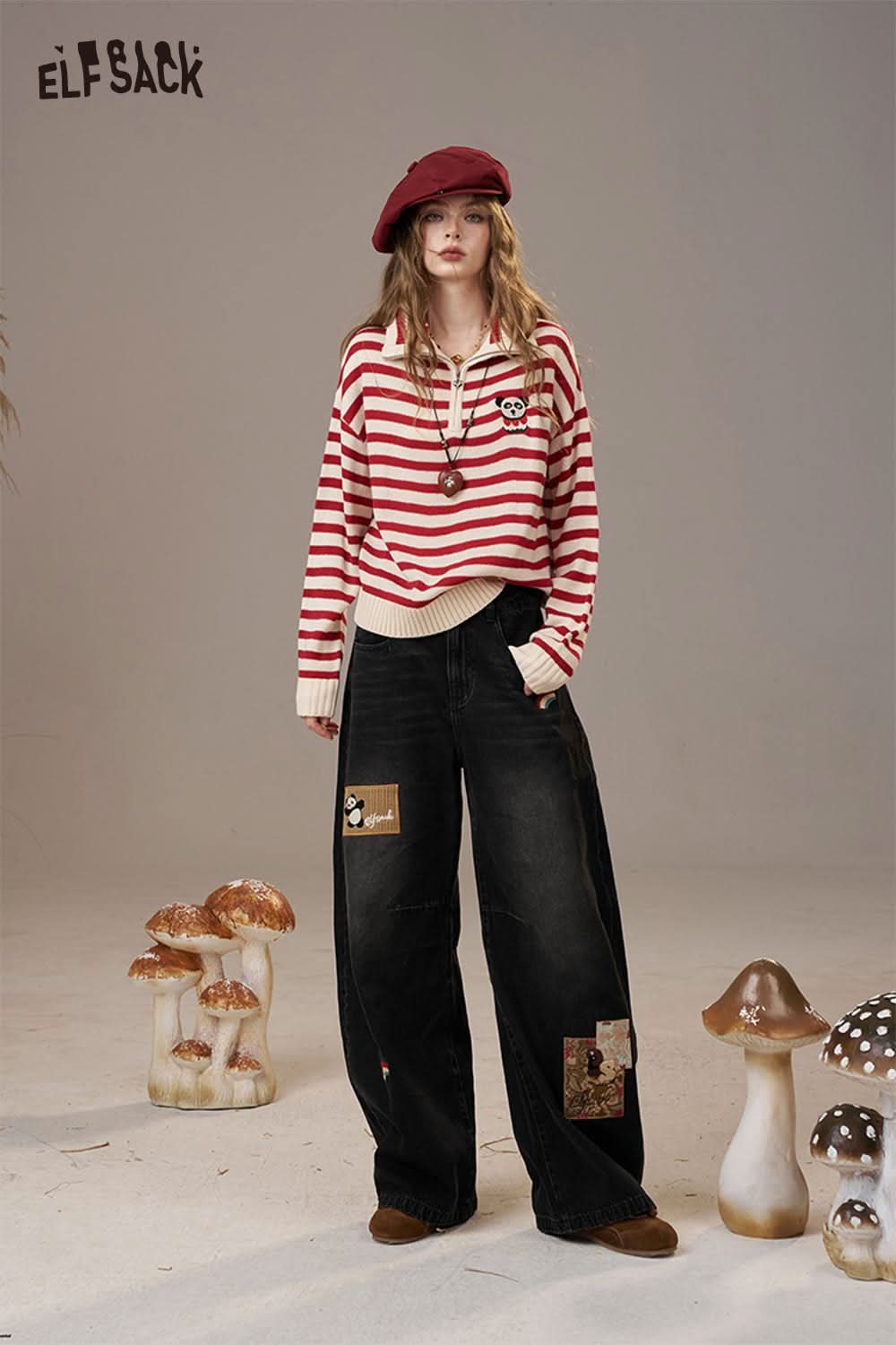 ELFSACK striped panda graphic sweater women with red and white stripes, paired with wide-leg black jeans