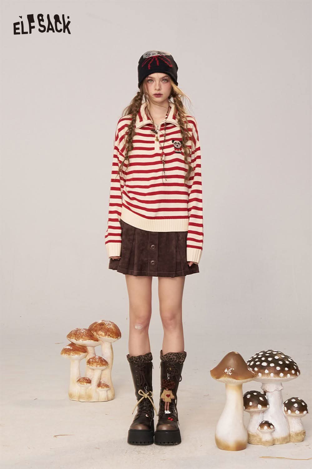 ELFSACK striped panda graphic sweater women in red and white stripes worn with a brown skirt and boots