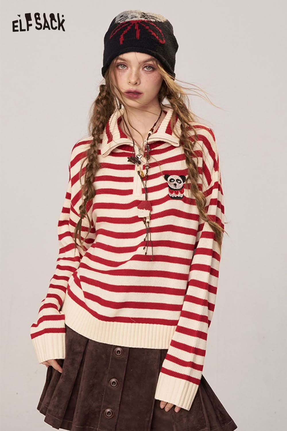 ELFSACK striped panda graphic sweater women in red and white stripes with a cute panda design