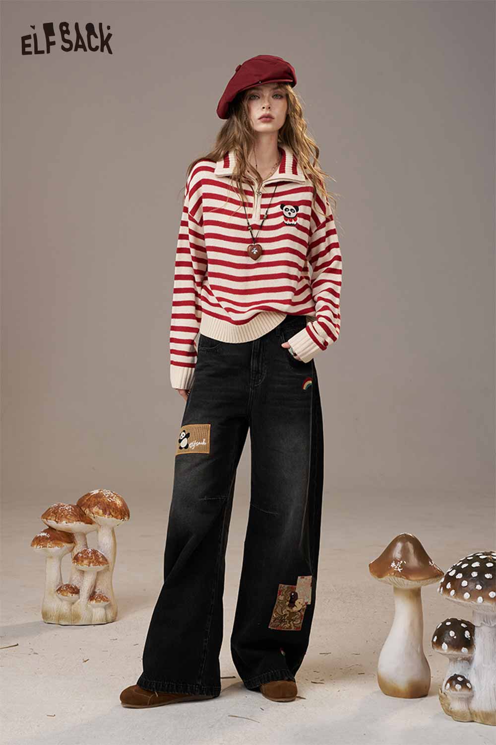 ELFSACK striped panda graphic sweater women featuring a trendy design with long sleeves and a collar