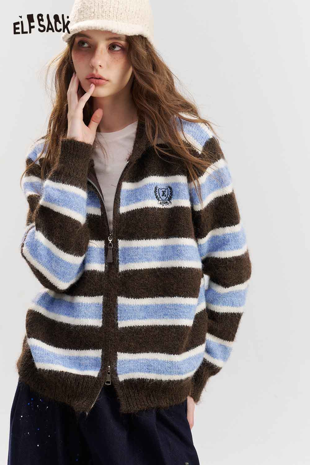Striped Zip Hooded Knit Cardigan
