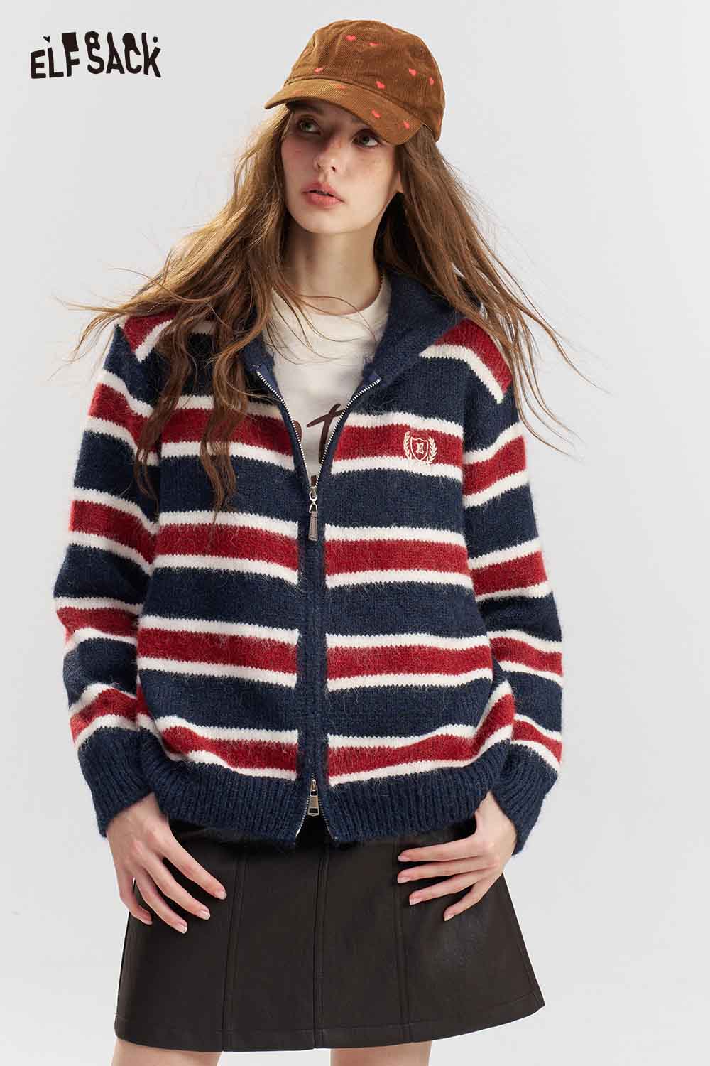 Striped Zip Hooded Knit Cardigan