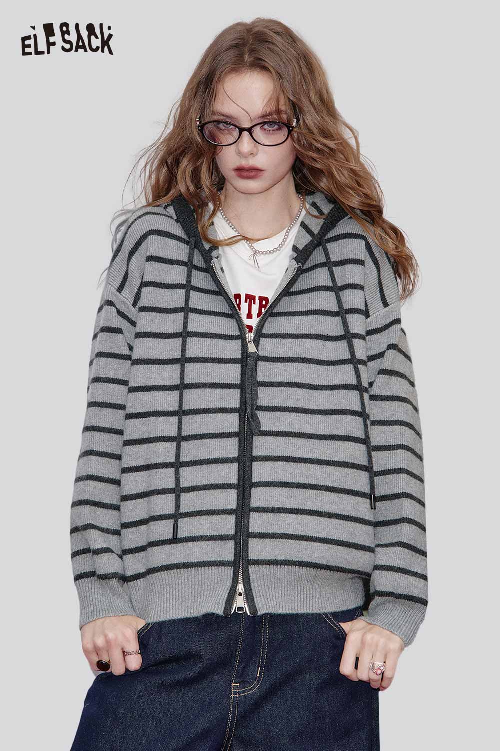 ELFSACK striped zip up hooded cardigan for women in gray with a stylish design and relaxed fit