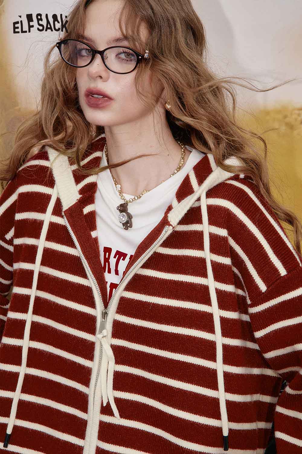 ELFSACK striped zip up hooded cardigan for women in maroon with white stripes and a cozy fit