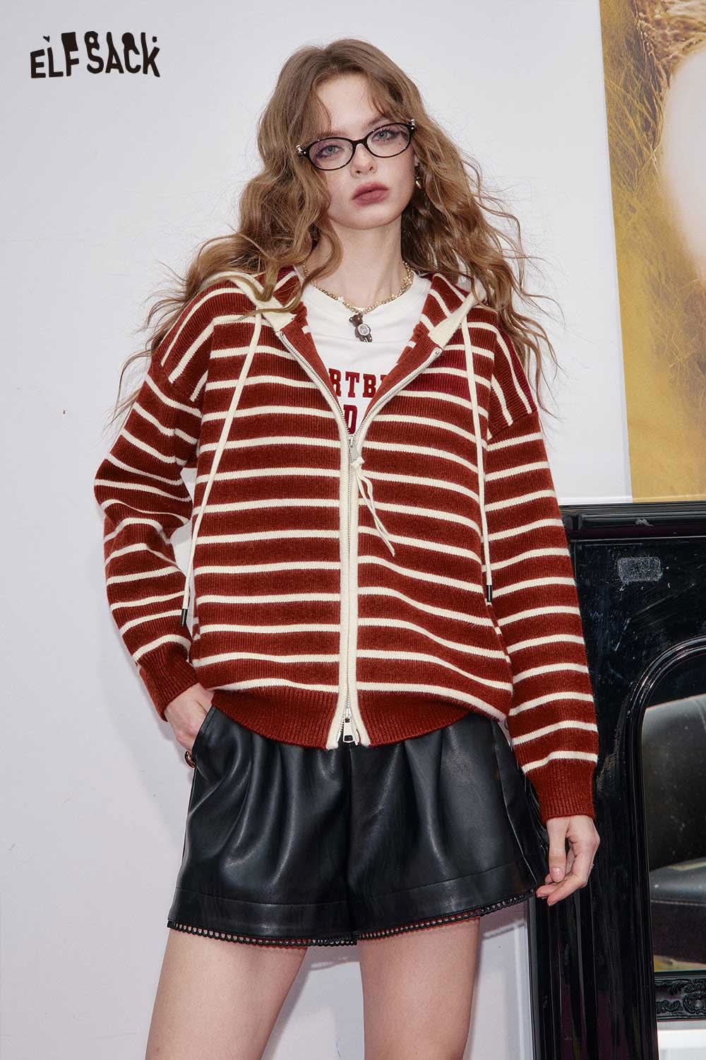 ELFSACK striped zip up hooded cardigan for women featuring a cozy design and stylish stripes