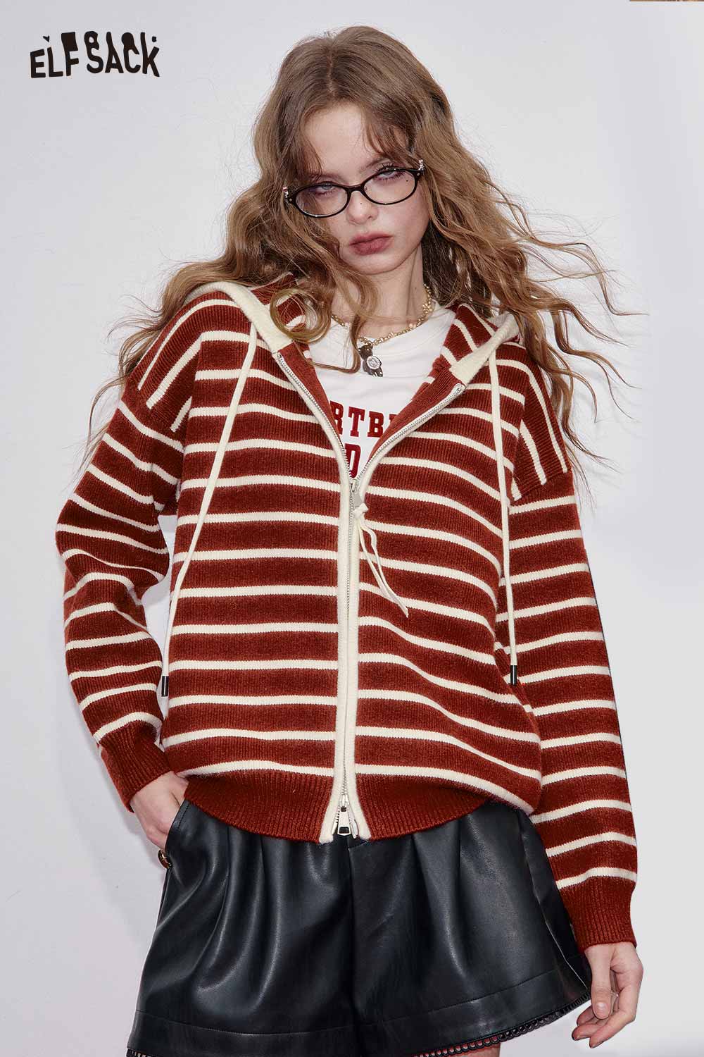 ELFSACK striped zip up hooded cardigan for women with red and cream stripes and a relaxed fit