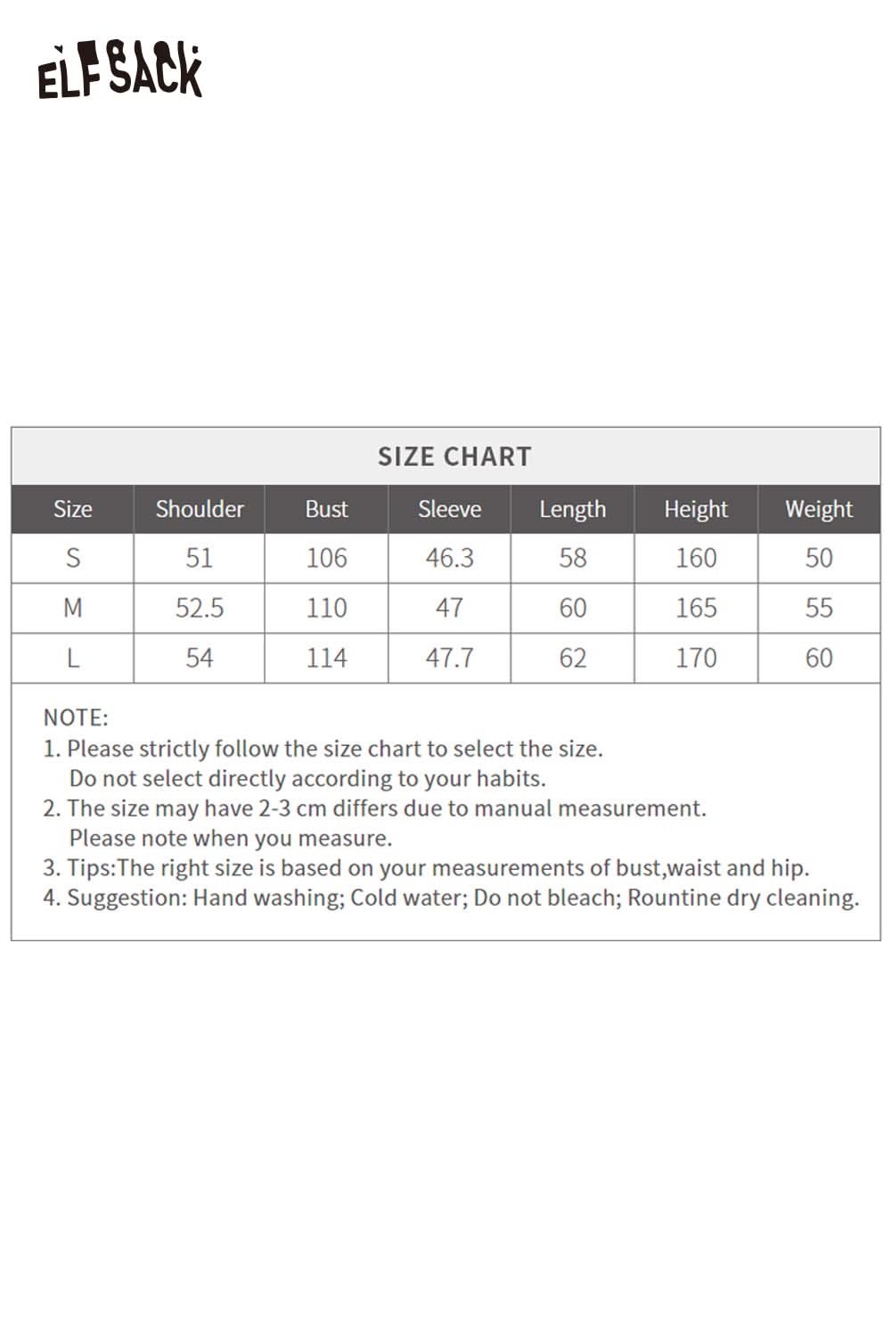 Size chart for ELFSACK striped zip up hooded cardigan for women, indicating measurements for sizes S, M, and L