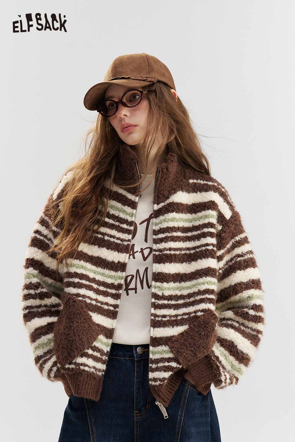 Striped Zip-Up Stand Collar Knit Cardigan