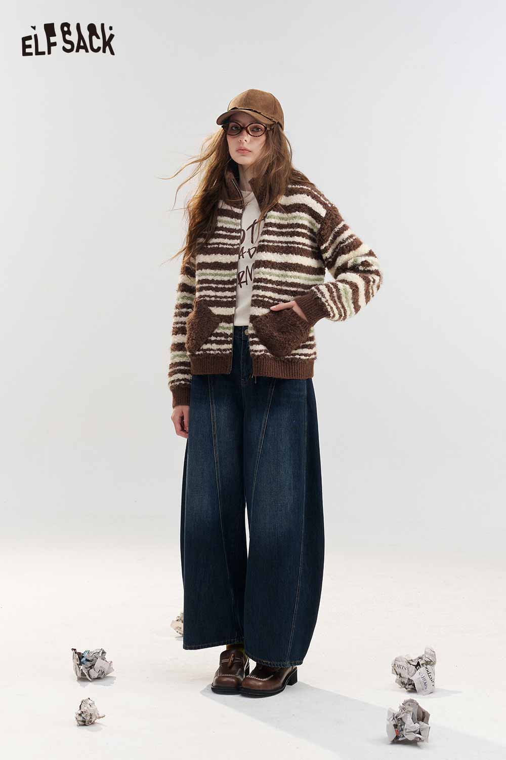 Striped Zip-Up Stand Collar Knit Cardigan