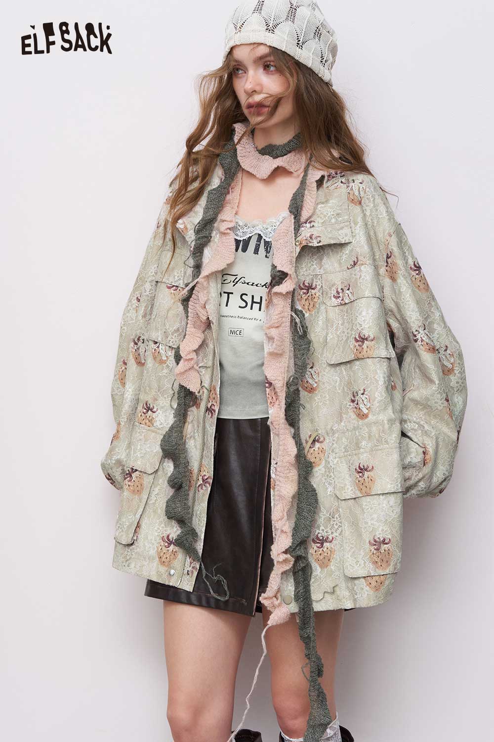 ELFSACK embroidered denim jacket for women oversized light green floral embroidery with ruffle trim