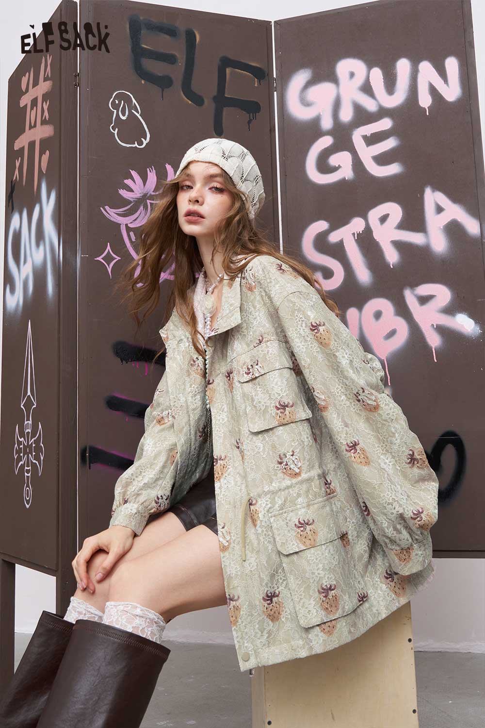 ELFSACK embroidered denim jacket for women oversized light green floral denim jacket with flap pockets and matching beanie