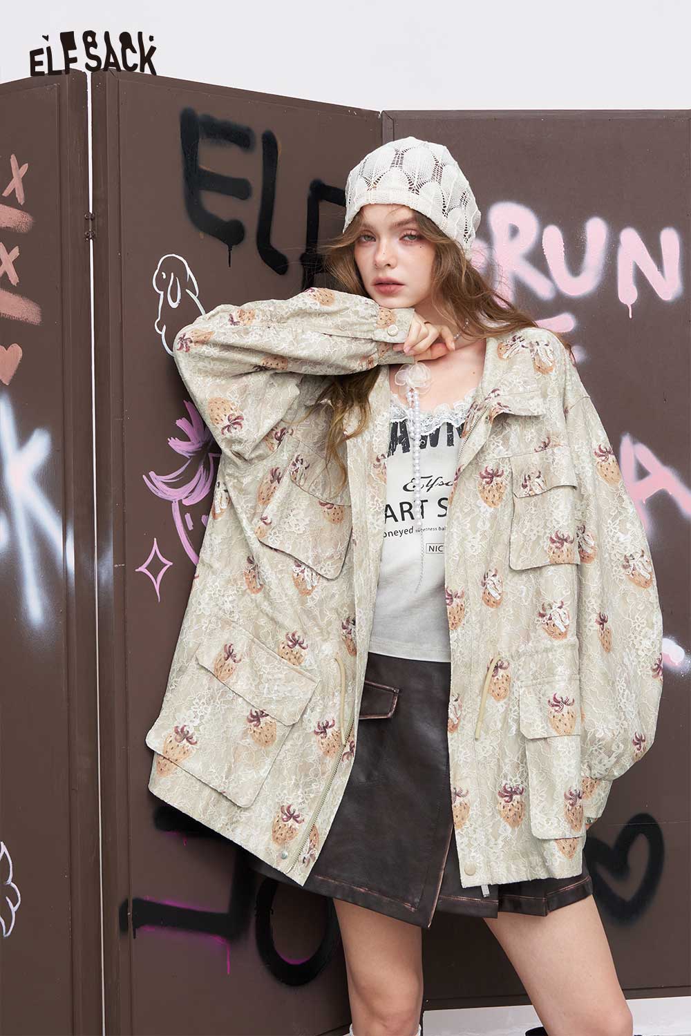 ELFSACK embroidered denim jacket for women oversized beige floral jacket with multiple flap pockets