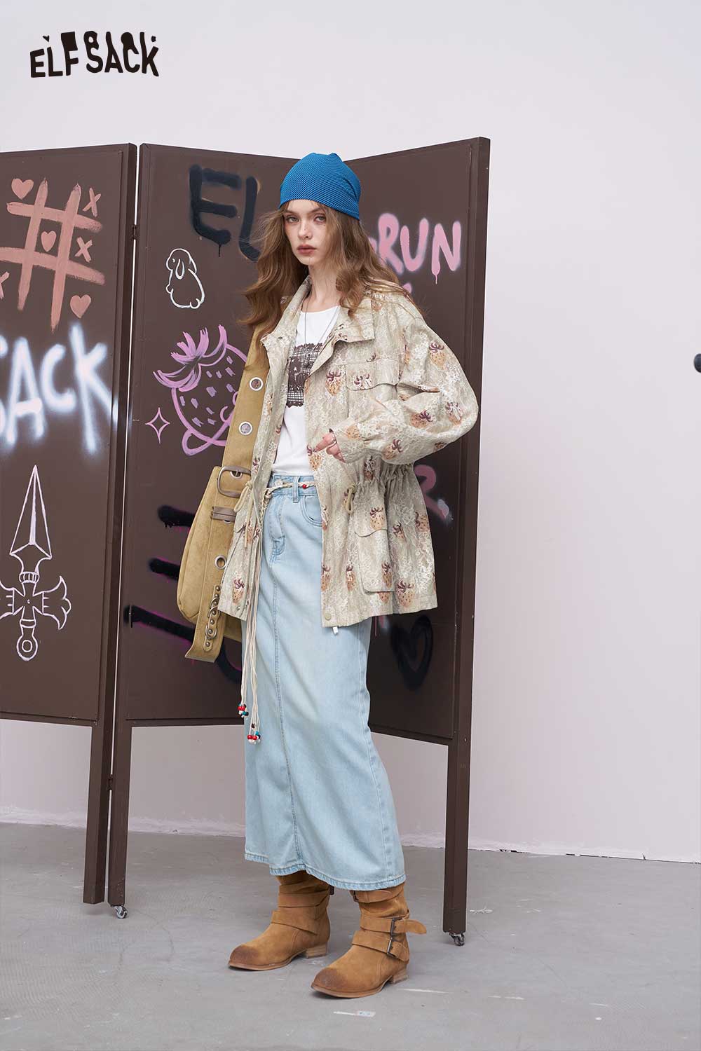 ELFSACK embroidered denim jacket for women oversized beige floral jacket styled with wide leg jeans and beanie