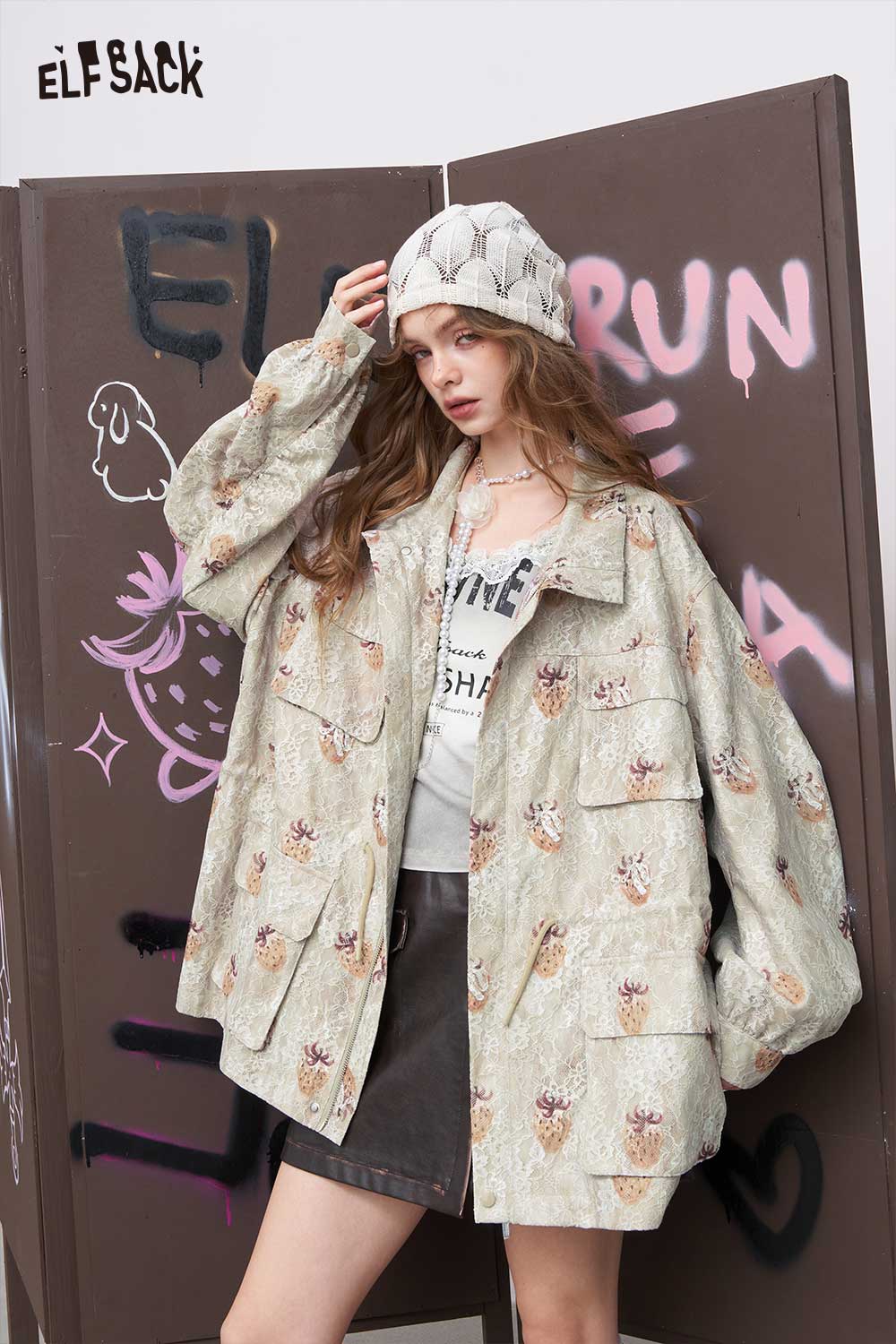 ELFSACK embroidered denim jacket for women oversized light wash jacket with floral embroidery and patch pockets