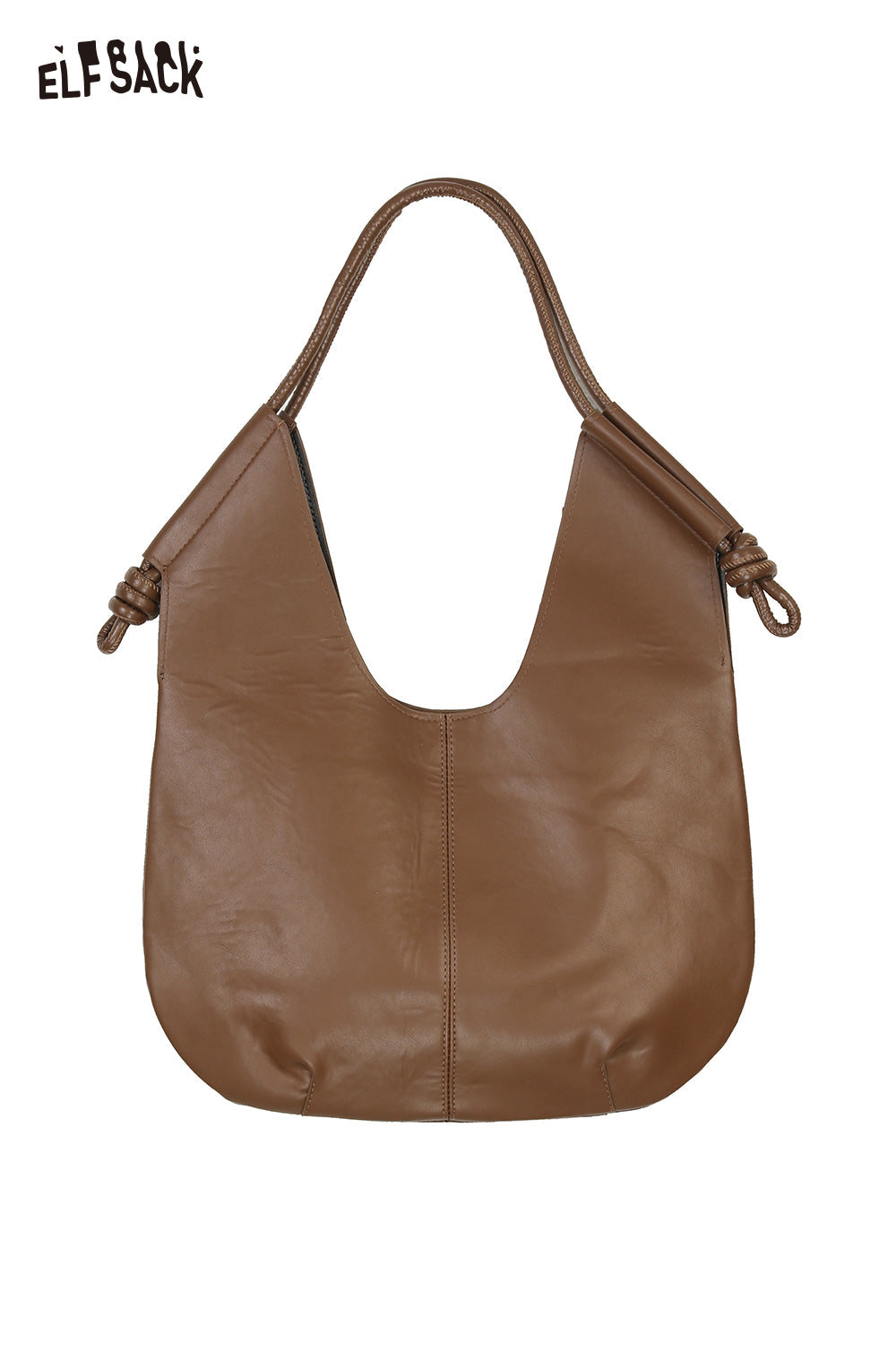 Stylish structured PU tote bag for women in brown with a contemporary design and knotted handles