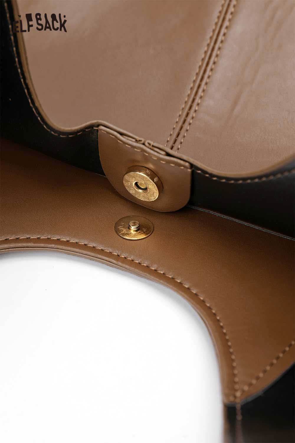Inside view of structured PU tote bag for women featuring a secure snap closure by ELFSACK